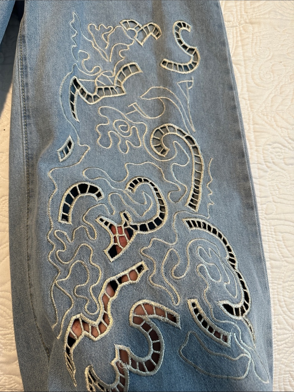 Wide-leg Embroidered Light Blue Drawstring Jeans Sz 28 NWOT - Picture 3 of 5
